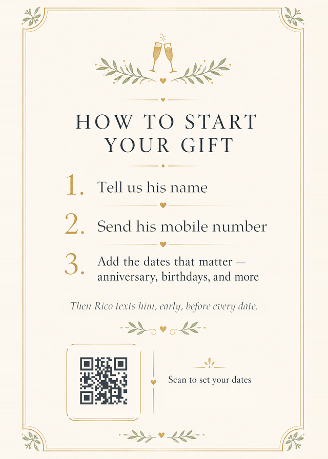The printable Rico gift card back with QR setup